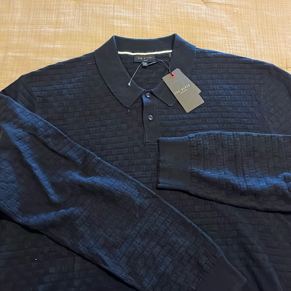 Ted Baker Men’s long sleeve knitted polo Sweater Navy size 7 (3 XL)